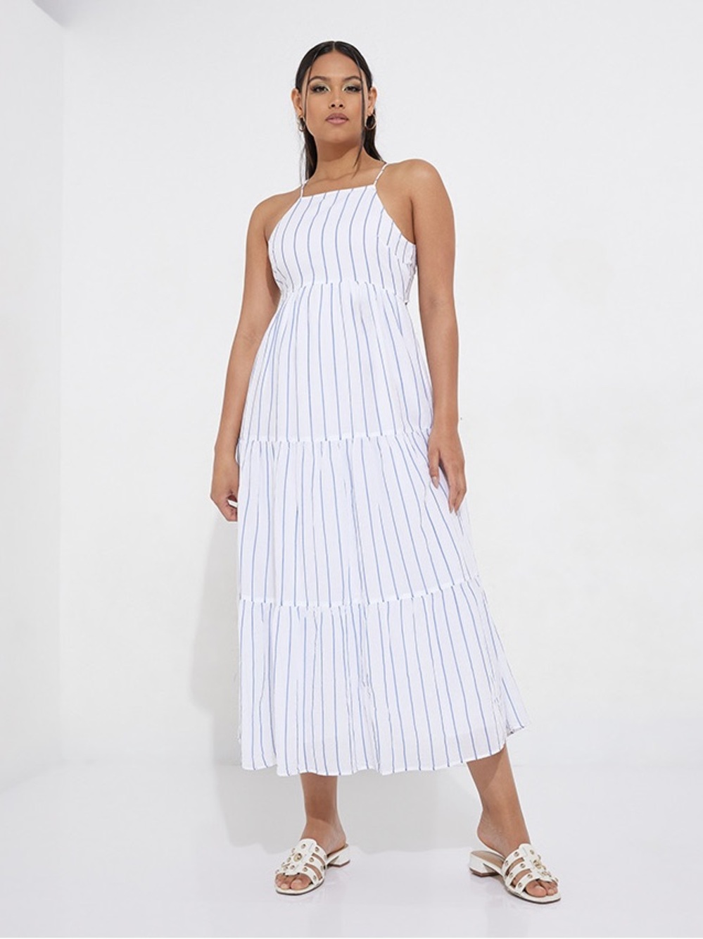 American Eagle Striped Halter Neck Tiered Dress